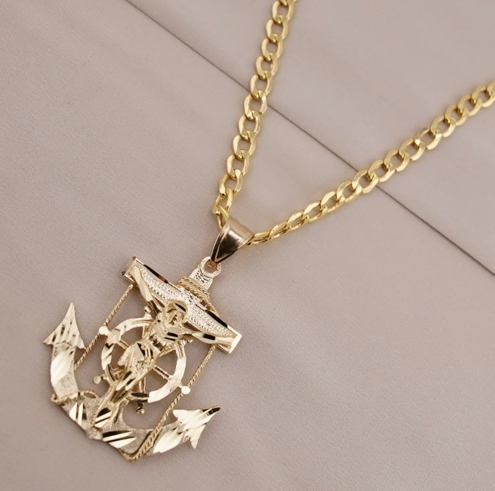 14k Medium Anchor Jesus Chain Set